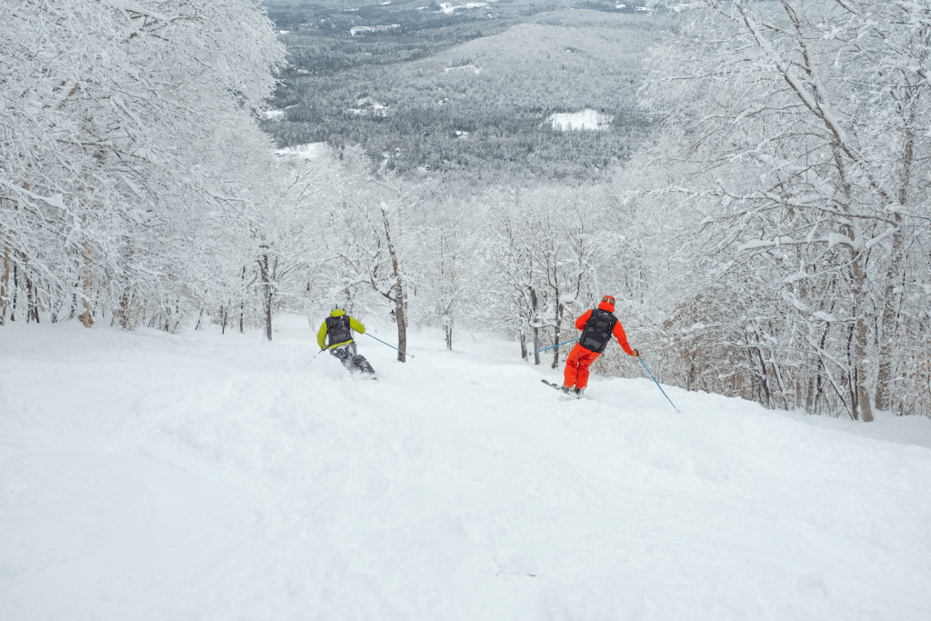 Two skiers descend through the trees at Vermont's Magic Mountain.