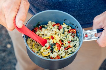 Backpacking pasta primavera, cooked and in pan