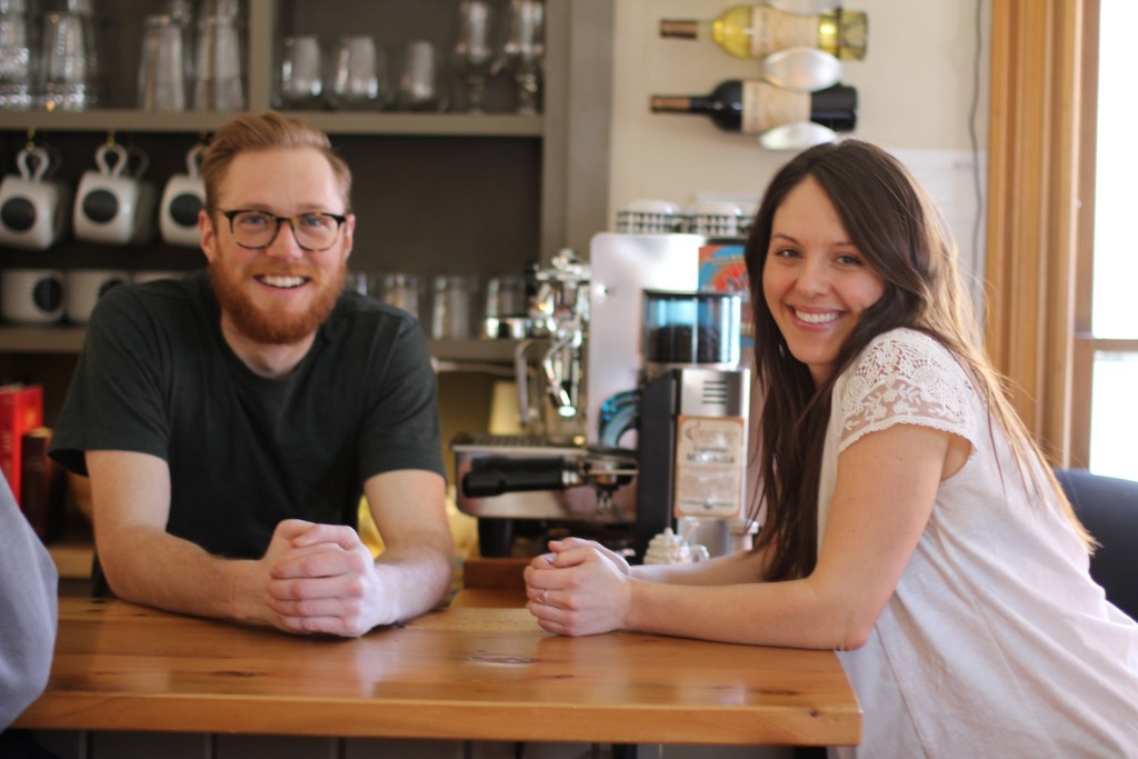 Justin Hyjek and Eliza Greene at the bar of the motel they own in Ludlow, Vermont.