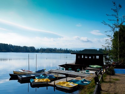 Paddleboats on tranquil Lake Placid.