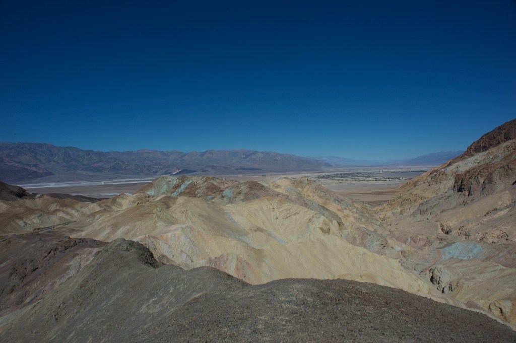 A view of multi-colored hills.