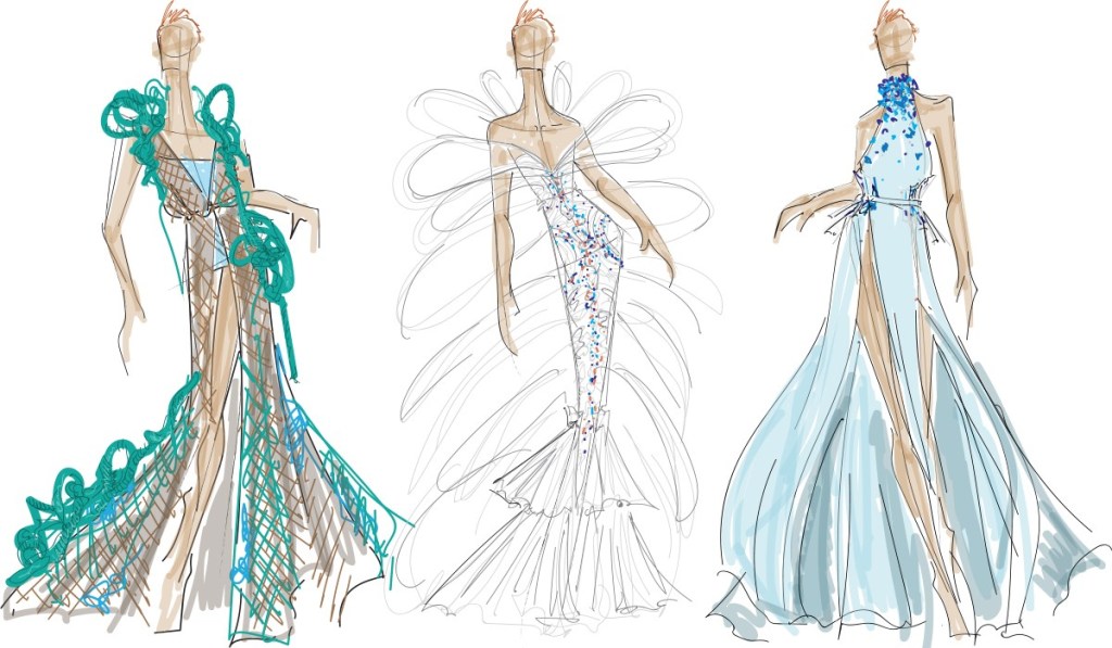 Three sketches of Pattie Gonia's dresses.