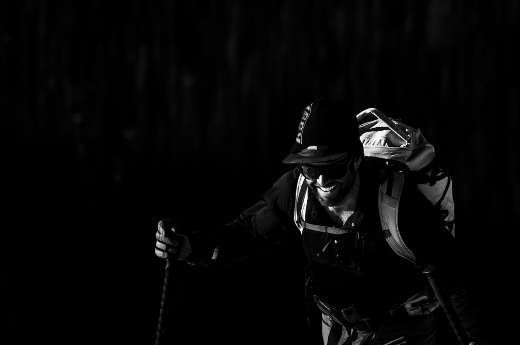 Skier Bruno Long hiking for his turns in the backcountry of Canada.