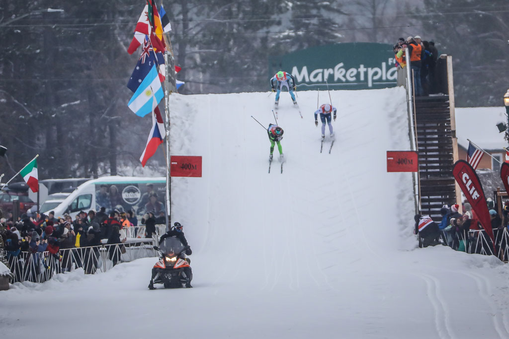 Participants ski down the the American Birkebeiner International Bridge. 