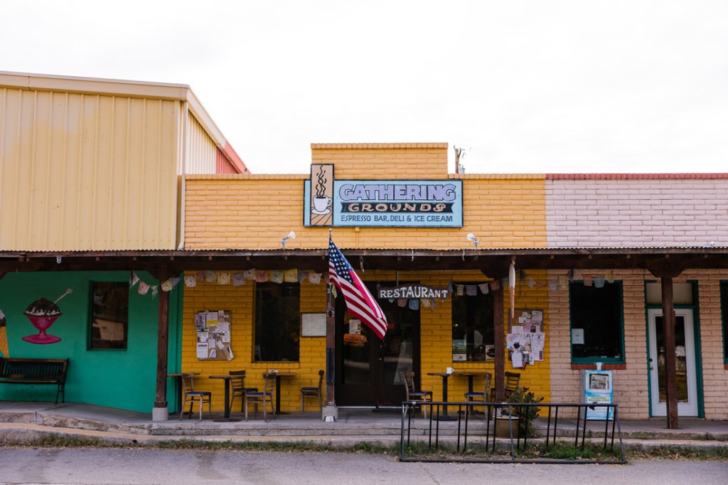 Pastel storefronts in Patagonia, Arizona. 