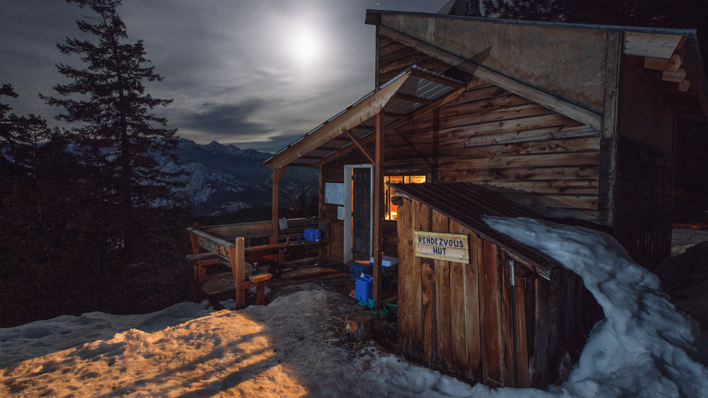 Winter cabin at night
