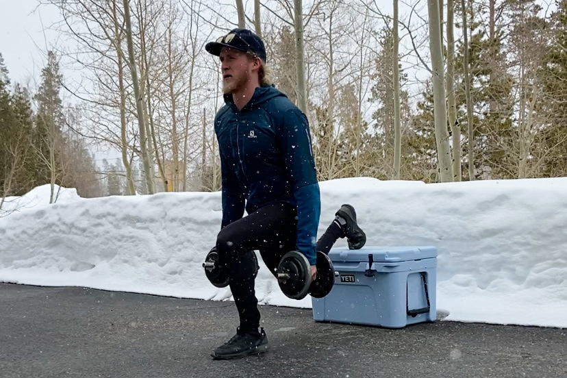 Skier Drew Peterson works out in the driveway of his parents' home in Summit County, Colorado, where he's currently sheltering in place. (Photo Courtesy: Drew Peterson)