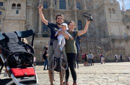 The Muldoons in front of Santiago de Compostela Cathedral, the culmination of their Camino Francés hike.