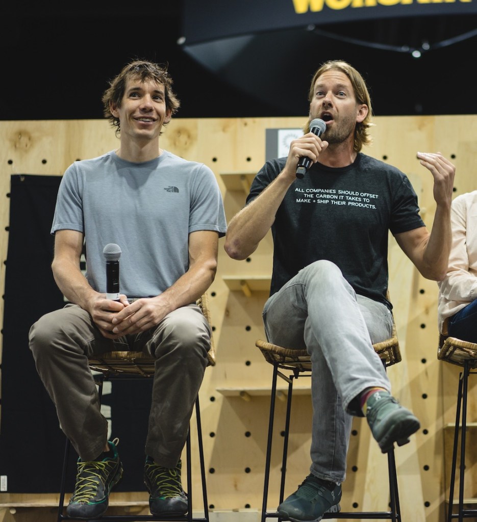 Alex Honnold and Peter Dering at outdoor industry show.