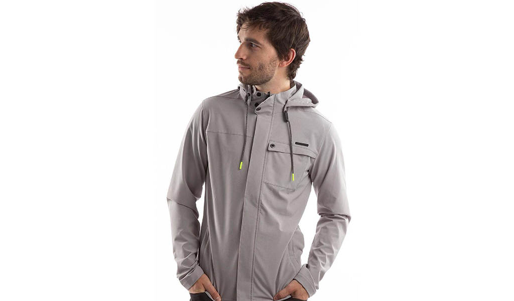Person wearing grey cycling jacket.