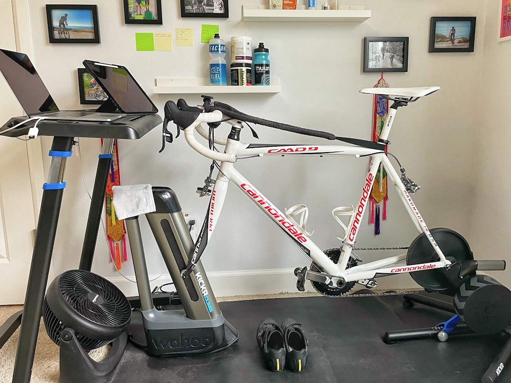 Road bike on indoor bike trainer.