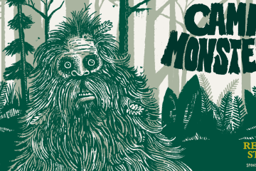 A sketch illustration of the Sasquatch with Camp Monsters written in the top right corner and REI Co-op Studios and Sponsored by YETI in the bottom right corner.