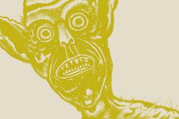 An illustrated version of the Mill Monster. It's an illustration in yellow with big eyes, pointed ears and fang-like teeth.