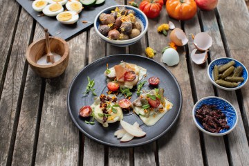 Plated food on a table.