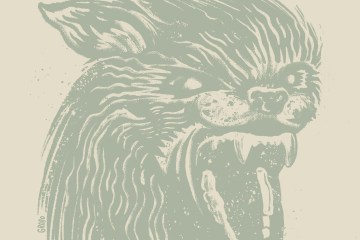 An illustrated drawing of the Chicago wolfman in a light green against a beige background.