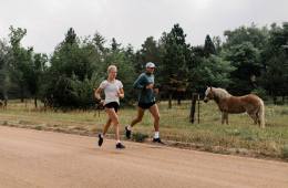 Two runners are on a dirt road with a brown horse in a field behind them.