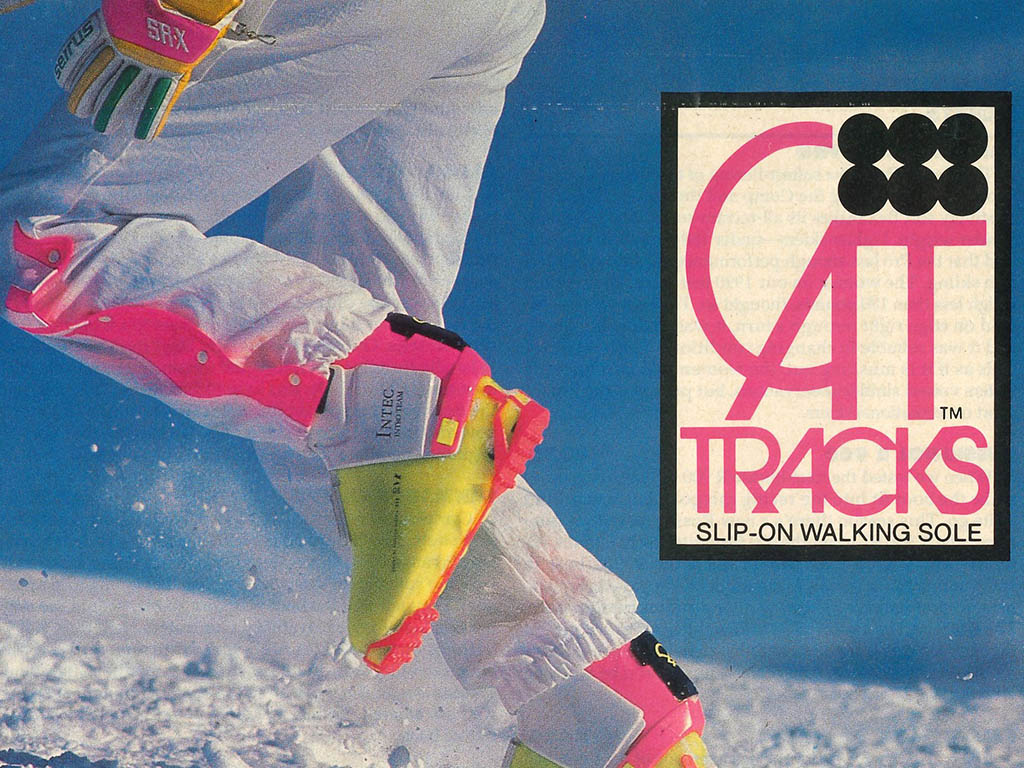 Older ad showing a person walking on snow in ski boots with pink Cat Tracks on the snow.