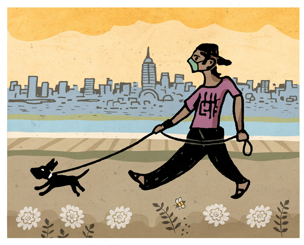 Illustration of person wearing a face mask and walking a dog.