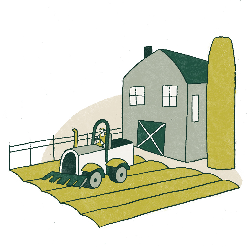 Illustration of a tractor tilling land.