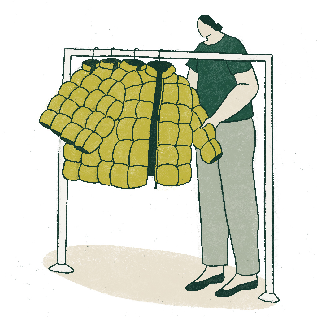 Illustration of jackets on a rack.