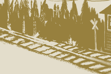 sketch of an old signal cabin next to a rail road with trees all around