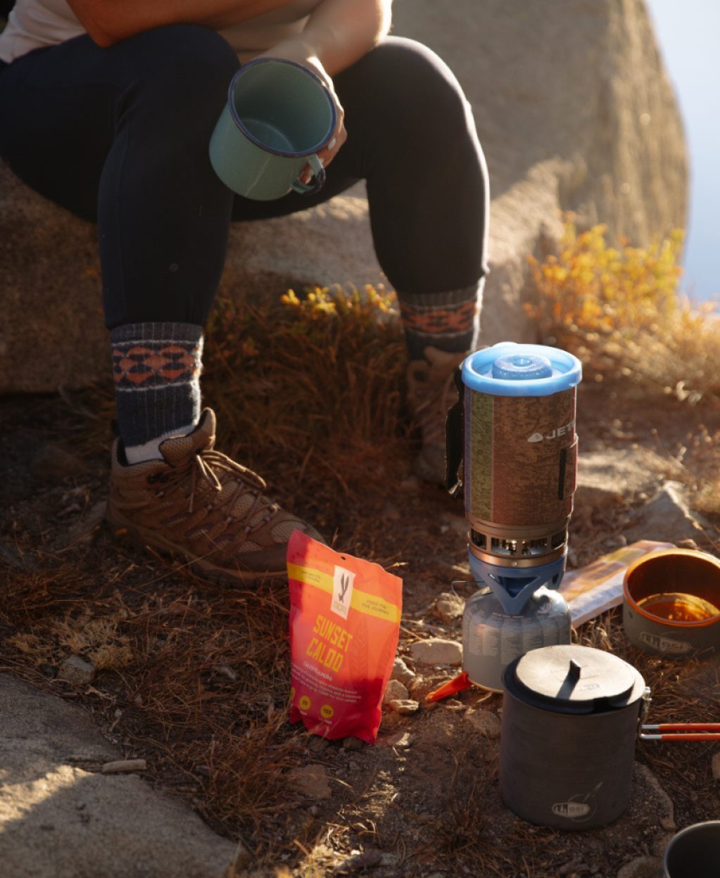 Close up of a Jetboil system and a bag of Itacate camp food