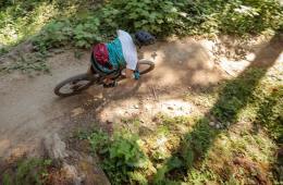 A person rides a mountain bike on a dirt trail in the forest