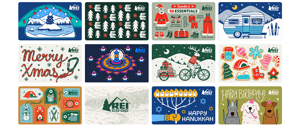 A collection of illustrated REI gift cards