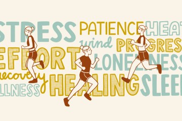 Illustrated image of a person running across text that reads "Stress, patience, heat, effort, wind, progress, loneliness, recovery, illness, healing, sleep"