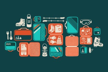 Illustration of gear laydown, with packing cubes and various pieces of gear.