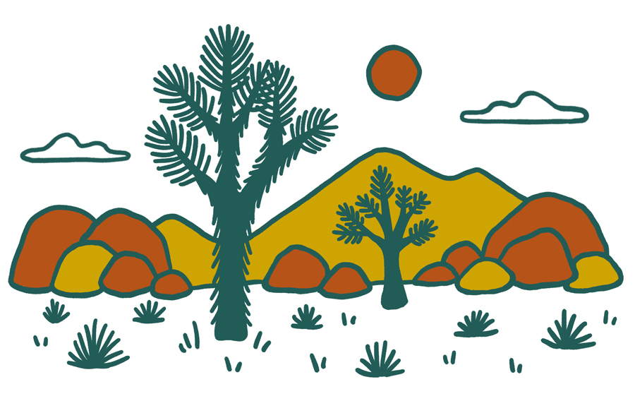 Spot illustration depicting Joshua Tree desert, including two joshua trees, some cacti, and large rocks in red and mustard coloring.