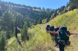 A group of True North Treks backpackers on a hike in Yellowstone