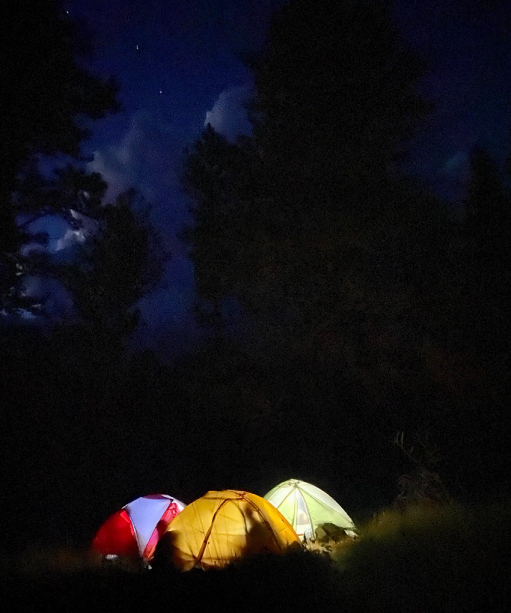 Three tents are lit up against a pitch-dark night sky