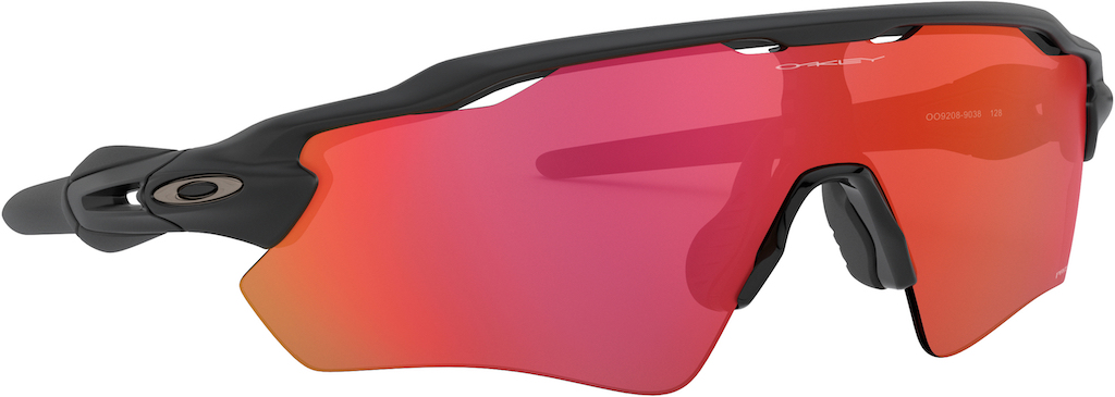 A product image of the Oakley Radar EV Path sunglasses with black frames and reddish-pink lenses.