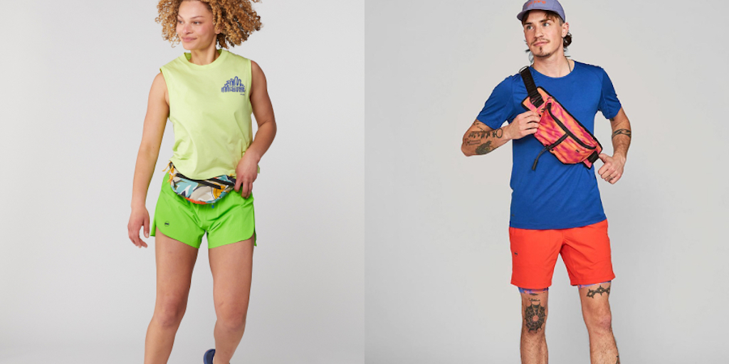 A panel with two images, one of a person in the Janji three-inch Multi Shorts in the colorway Verdant and the other of a person in the Janji seven-inch Multi Shorts in a red color.