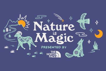 The hand-drawn words "Nature Is Magic, presented by The North Face" are surrounded by animals and scenes from a desert landscape