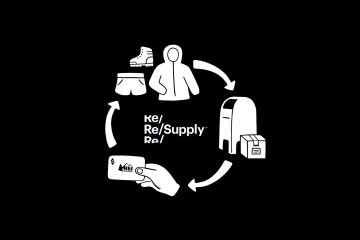 An illustration of a recycle logo with arrows pointing from gathered clothes and gear to a mailbox to an REI gift card and back to the gathered items