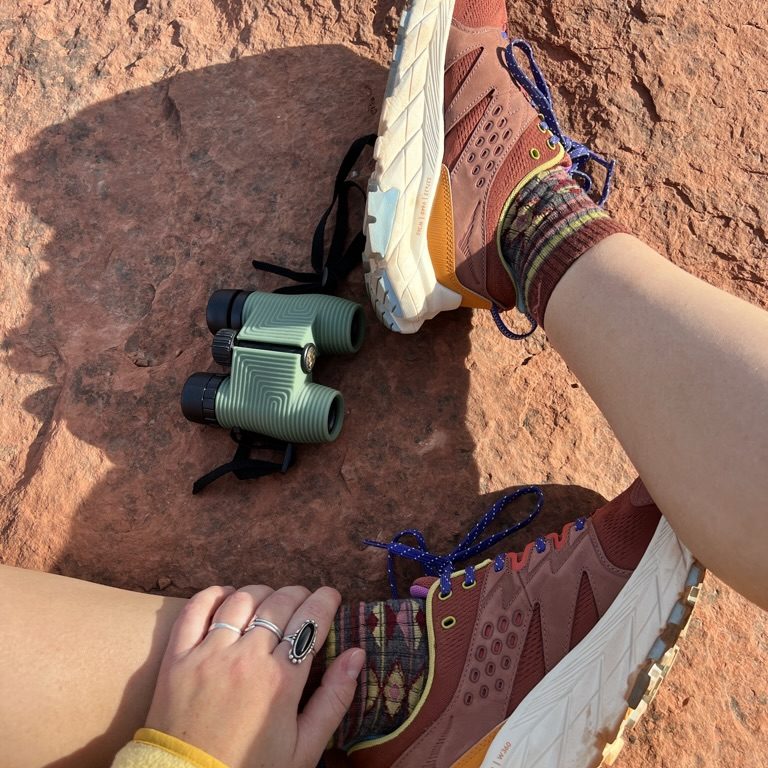 Close-up shot of hiking boots and Darn Tough socks.