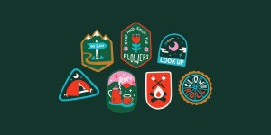An illustration of outdoor badges that support the theme of slowing down outside.