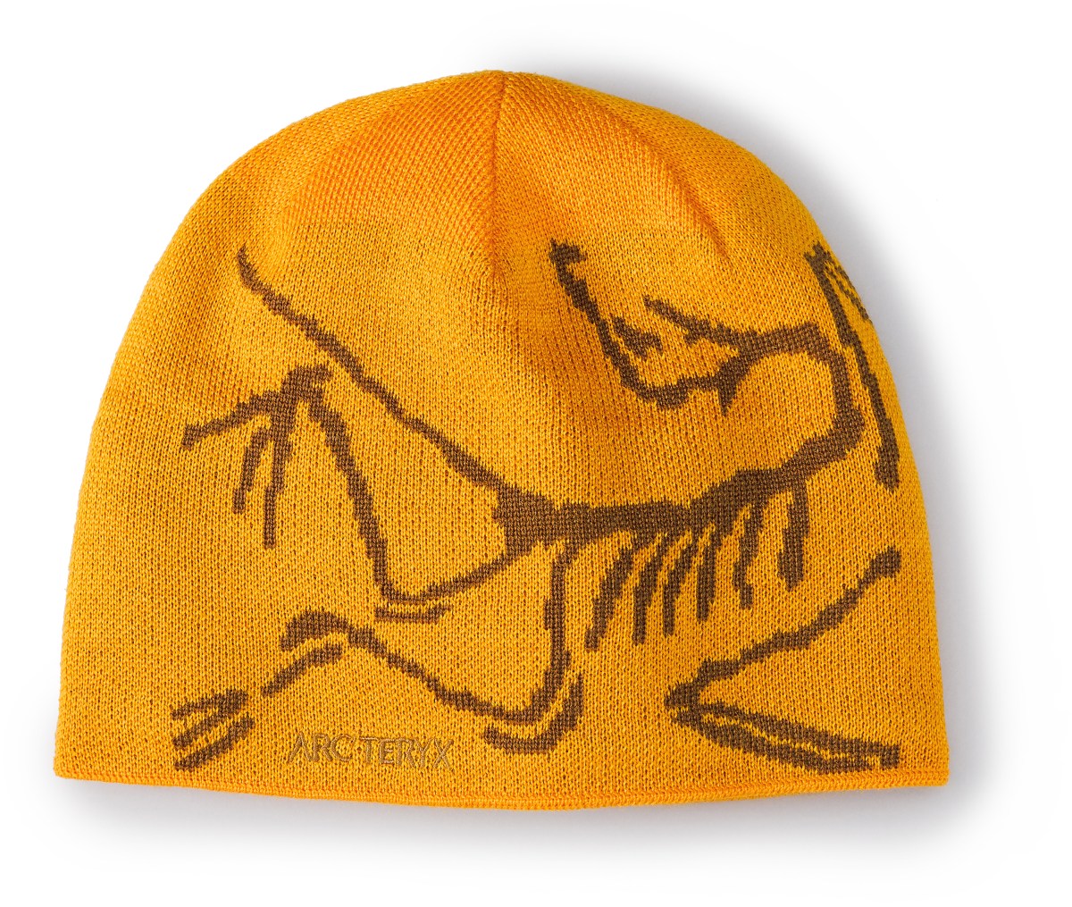 Arc'teryx Bird Head Toque Beanie in a mustard yellow color with a brown design.
