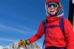 The author wears the Arcteryx Beta LT jacket along with ski mountaineering gear.