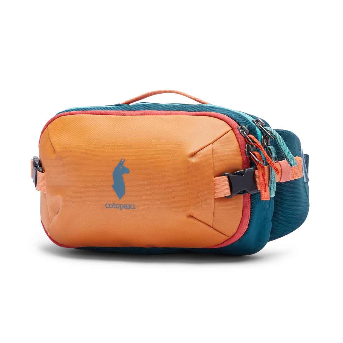 A colorful waistpack featuring an orange front, orange straps, a blue body and blue details like the Cotopaxi logo