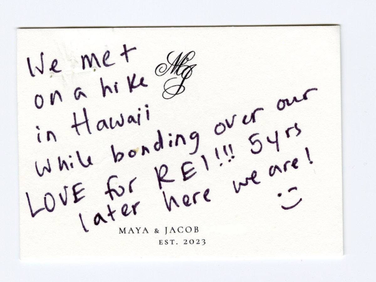 A short note written on a couple's monogrammed and personalized stationery.