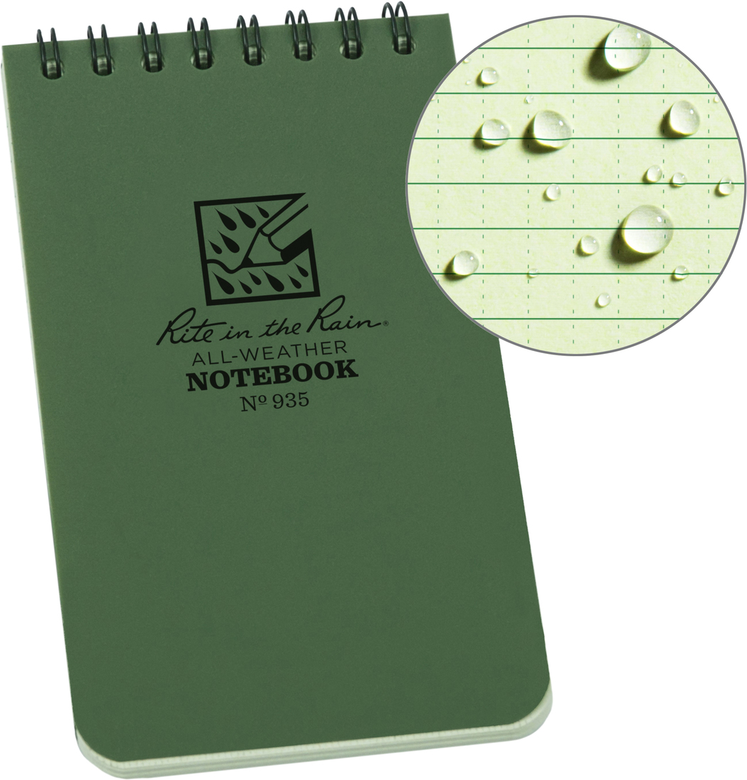 A small green spiral-bound notebook with an enlarged image to show waterproof paper.