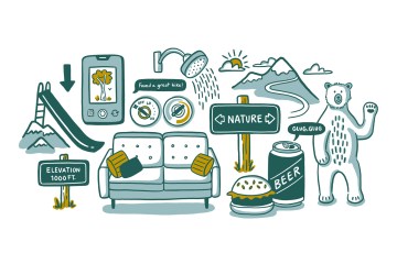 A collection of illustrated images representing the ten best parts of a hike, including a slide down the side of a mountain, a couch, a burger and beer, a friendly looking bear, a shower and a nature view