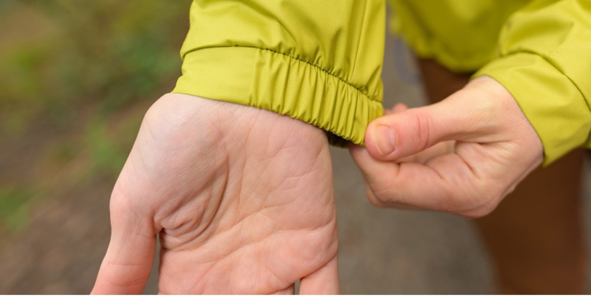 Detail of an elasticized cuff on the Trailmade rain jacket