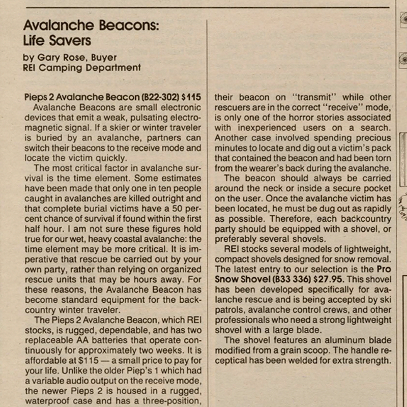 An old newsletter clipping showing a gear review about an avalanche beacon