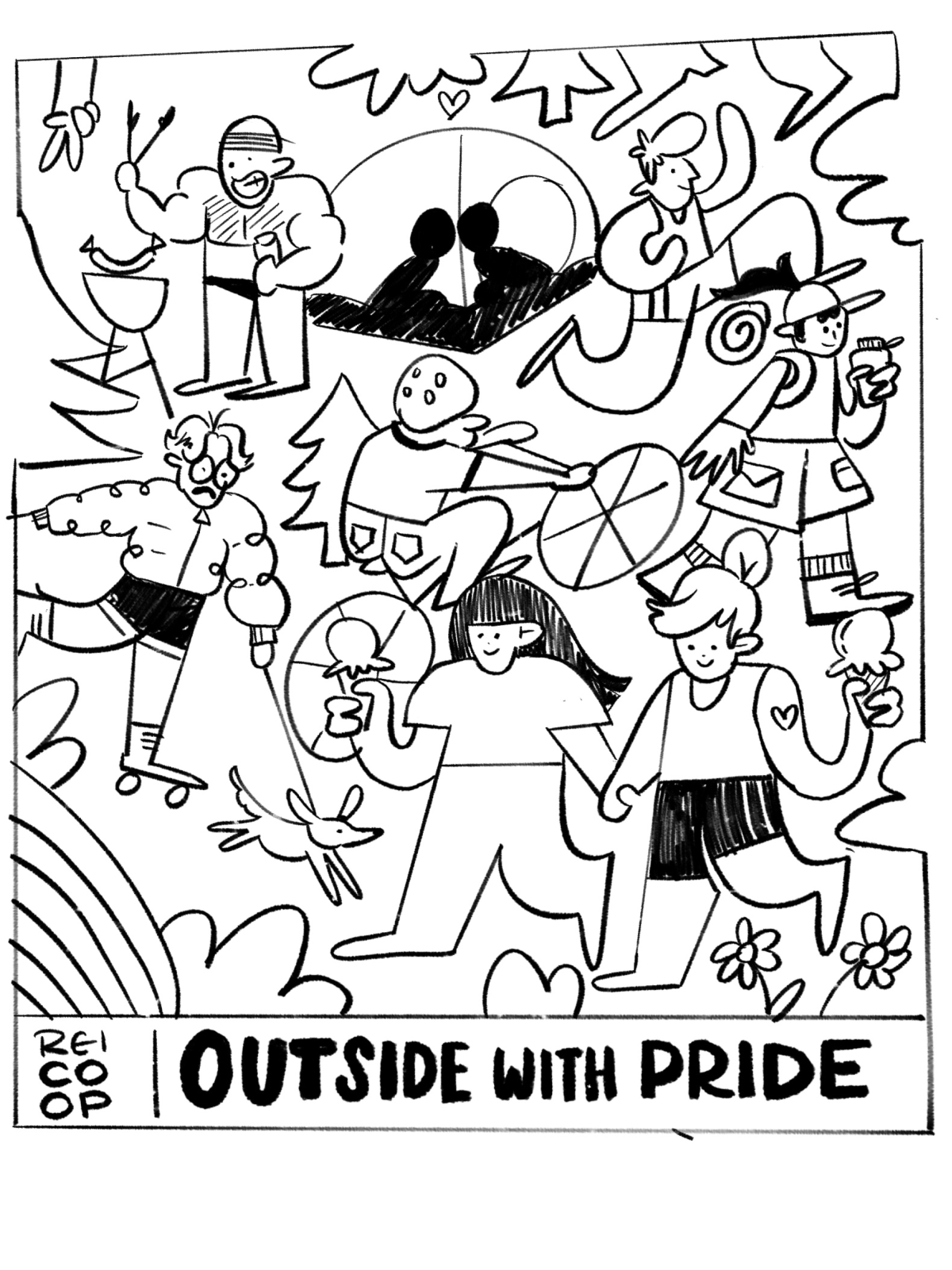 A variety of cartoon people do things like ride bikes, walk their dog, hold hands and iced cream, run, camp, barbecue and more. Text reads "REI Co-op Outside with Pride."