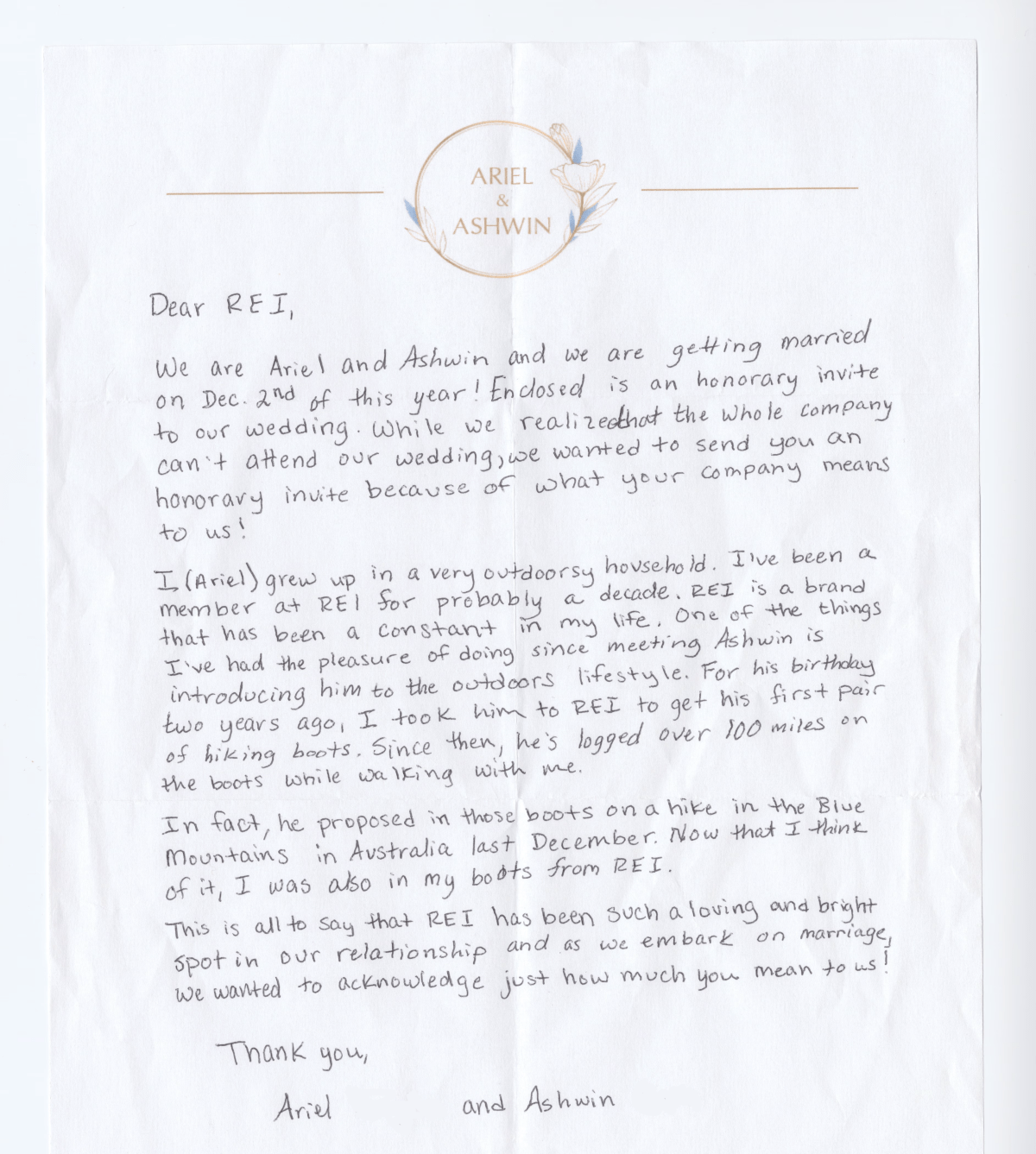 A handwritten note on personalized letterhead that reads "Ariel & Ashwin"