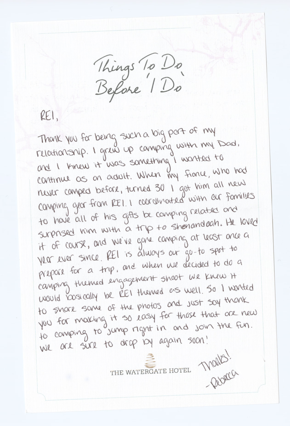 A hand-written note on a notecard with a floral design and the header "Things To Do Before I Do."